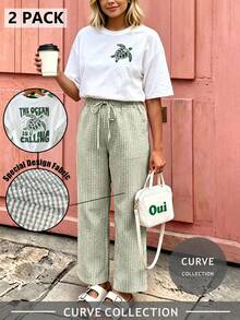 Plus Size Turtle Pattern T-Shirt & Green Plaid Pants 2 Pieces Set, Women's Green Plaid Patchwork Wide Leg Pants | Bow Waist Design | Elegant - Mint Green - View 2