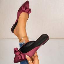 Spring Summer Autumn New Burgundy Satin Bow Mule Slippers Pointed Toe Closed Toe Flat Half-Slippers Commute Date Gentle Wear Office Party Banquet Women's Shoes - Burgundy - View 15