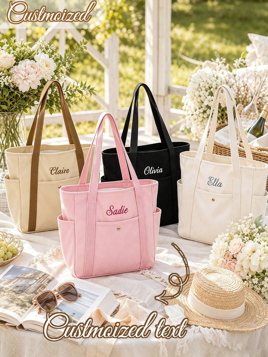 Custom Embroidered Bridesmaid Tote Bag, Personalized Canvas Beach Bag With Initial Ribbon, Bridesmaid Wedding Gift, Bridal Party Tote Bag