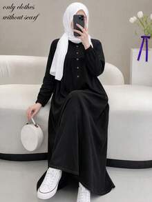 Women's Solid Color Round Neck Half-Button Half-Open Lantern Sleeve Long Dress, Casual Elegant All-Season Long Dress Black Fall - Black - View 3
