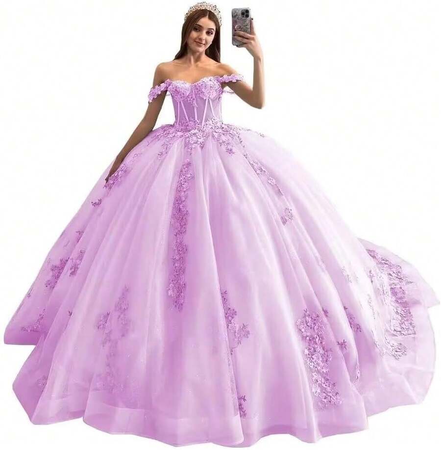 Vestidos de Quinceañera con Hombros Descubiertos, Talla Grande, Vestido de Encaje con Apliques Dulces 15 16, Fiesta de Graduación, Boda, Cumpleaños - Lila - Ver 1
