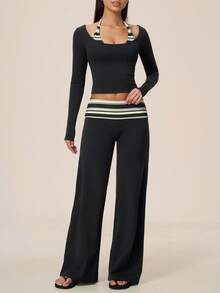 TimeOff Women's One Set Autumn/Winter Striped 2 In 1 Patchwork Oversized Scoop Neck Halter Long Sleeve Folded Waist Wide Leg Pants Sportswear Set - Black - View 5