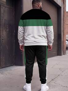 Men's Plus Size Crew Neck Long Sleeve Pullover Sweatshirt Set, 3-Color Contrast Striped Casual 2-Piece Outfit - Multicolor - View 3