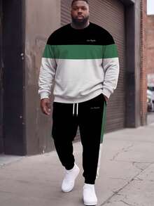 Men's Plus Size Crew Neck Long Sleeve Pullover Sweatshirt Set, 3-Color Contrast Striped Casual 2-Piece Outfit - Multicolor - View 1