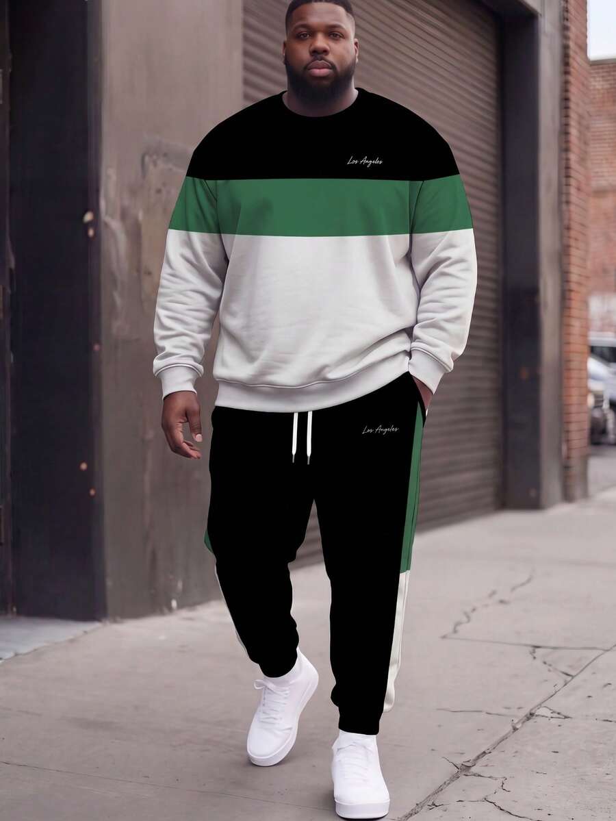 Men's Plus Size Crew Neck Long Sleeve Pullover Sweatshirt Set, 3-Color Contrast Striped Casual 2-Piece Outfit - Multicolor - View 1