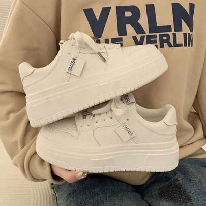Tenis plataforma blancos para mujer, diseño minimalista con cordones, calzado casual cómodo para uso diario