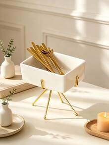 1pc Metal & Ceramic Combination Storage Box, Multi-Color, Minimalist Modern Nordic Style Storage Canister, Suitable For Halloween, Christmas, Kitchen Tabletop - Gold - View 7
