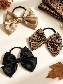 3pcs Autumn Leopard Print Satin Bow Hair Ties,Shiny Fabric Ponytail Scrunchies,Vintage Hair Accessories For Girls Daily Wear & Autumn Winter Gifts - Multicolor - View 2
