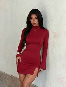 1pc Solid Color Sexy Knit Fabric Dress For Vacation Autumn - Burgundy - View 3