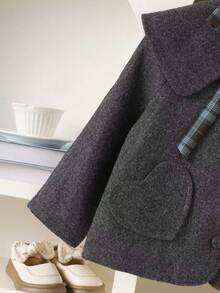 Young Girls Autumn/Winter Vintage Reversible Wool Blend Heart Pocket Crew Neck Jacket + Detachable Large Lapel Plaid Bow Tie Casual Jacket - Grey - View 6