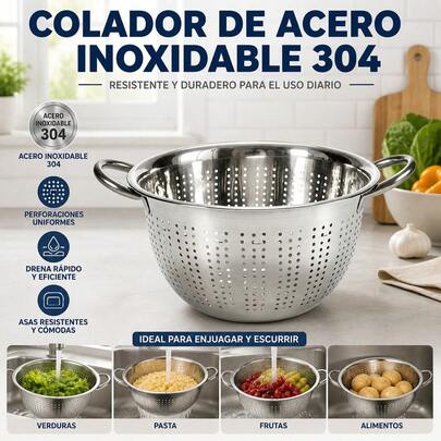24cm Stainless Steel Colander With Double Handles, Kitchen Strainer For Pasta, Vegetables And Fruit, Durable Perforated Food Prep Filter