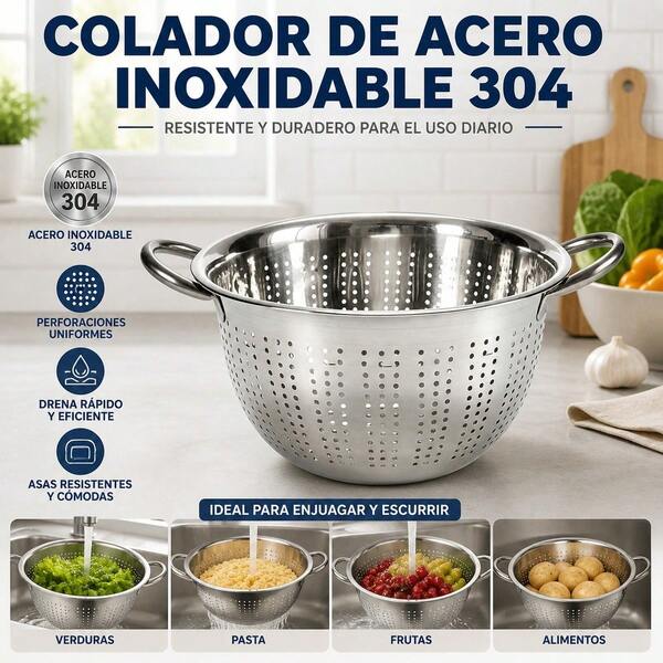 24cm Stainless Steel Colander With Double Handles, Kitchen Strainer For Pasta, Vegetables And Fruit, Durable Perforated Food Prep Filter