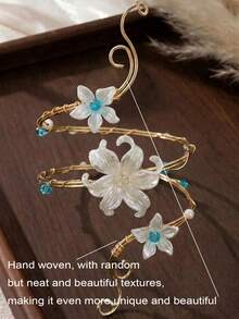 Ethereal Floral Spiral Arm Cuff, Fairy-Style Gold Flower Women's Arm Accessory, Aesthetic Jewelry - Blue Gold - View 4