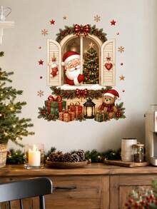 1pc Christmas Window Scene Wall Sticker Santa Claus Reindeer Peeking Through Window Christmas Tree Gift Box Holiday Window Decal Cozy Christmas Home Decor Self-Adhesive Removable Waterproof PVC Peel And Stick Wall Sticker For Home Holiday Decoration - Christmas Wall Decals - View 12