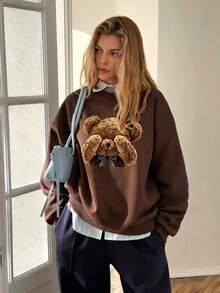 Women's Cute Teddy Bear Print Long Sleeve Crew Neck Pullover Sweatshirt, Ribbed Knit Detail Street Casual Versatile Sweatshirt Brown Fall - Brown - View 4