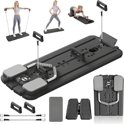 Planche de Pilates pliable 10 en 1, version améliorée avec fonction d'entraînement au ski, matériau épais, bandes de résistance et rouleau abdominal, appareil d'entraînement antidérapant pour débutants, compact et peu encombrant pour une utilisation à domicile