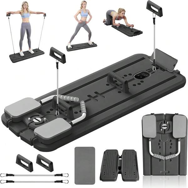 Planche de Pilates pliable 10 en 1, version améliorée avec fonction d'entraînement au ski, matériau épais, bandes de résistance et rouleau abdominal, appareil d'entraînement antidérapant pour débutants, compact et peu encombrant pour une utilisation à domicile