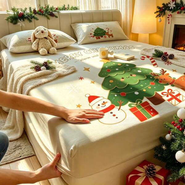 3pcs Set Sprei Fitted Motif Pohon Natal dan Manusia Salju Warna Putih Gading, Set Sprei Fitted Persegi Panjang Gaya Natal Kartun dari Poliester, Motif Penuh Pohon Natal, Manusia Salju, dan Rusa Kutub, Set Sprei Fitted Elastis Anti-Selip yang Dapat Dicuci, Cocok untuk Natal, Kamar Tidur, dan Suasana Liburan di Rumah