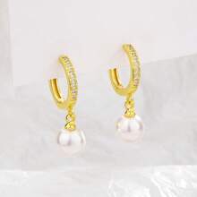 1 Pair Copper Alloy Luxury Full Rhinestone Stud Pearl Drop Earrings For Women, Elegant Elegant Faux Pearl Pendant Earrings For Daily Commute, High-End Jewelry - Pearl - View 4