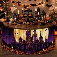 1pc Halloween Castle Pumpkin Moon Bat Theme Table Skirt, Eerie Gothic Holiday Decor Tablecloth For Party, Dining Table, Event Celebration - A - View 5