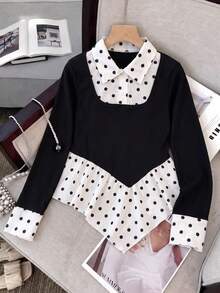 Tween Girls' French Polka Dot Patchwork Top With Collar, Ribbed Texture, Slim Fit And Asymmetrical Hem, Gentle Artistic Style - Black - View 4