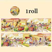 1 Roll Street Scene Theme Washi Tape, Stroll Along The Long Street Series Planner Base Tape, Vibrant Colors And Exquisite Illustrations, Multi-Functional Scrapbook Sticker Decoration Art Journal, Card Making, Handmade Art DIY Sticker, Holiday Gift - Adhesive Tape - View 12