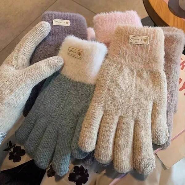 1paris Women's 5-Finger Touchscreen Plush Double-Layer Knitted Knitted Gloves, Autumn/Winter Warm Thickened Thermal Lined Cycling Gloves