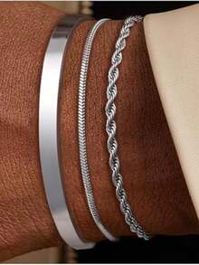 3pcs/1pc Fashion Open Cuff Bracelet Snake Chain Twisted Rope Chain Minimalist Premium Gold Layered Jewelry Fade-Resistant Men's Accessory Suitable For Daily Wear Valentine's Day Gift Back To School Party Banquet - Silver - View 2