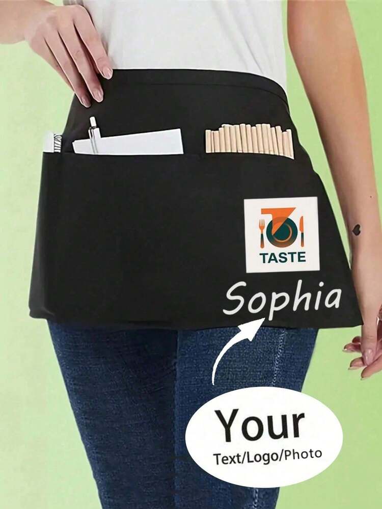 1pc Personalized Customized Neutral Polyester Apron, With 3 Pockets, Customizable Photo/Text, Short Waist Server Uniform, Black Hairdresser Apron, Hair Stylist Cosmetologist Beauty Gift Customization, Suitable For Kitchen, Baking And Chef Use - Multicolor - View 1