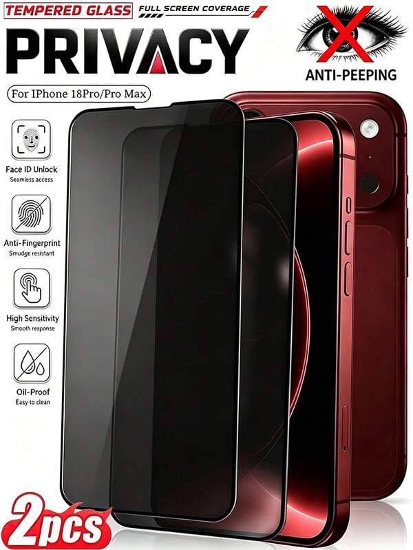 2pcs/Pack Silk Screen Privacy Tempered Glass Screen Protector, Easy Installation, Scratch-Resistant Premium Material, High-Quality Privacy Film, Phone Accessories, Compatible With IPhone 18 Pro Max / 18 Pro / 18 / 17 Pro Max / 17 Pro / 16 / 15 / 14 / 13