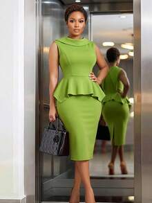 SUNSTORY Women's Elegant Commute Office Daily Wear Comfortable Bodycon Dress With Decorative Ruffle Collar, Sleeveless, Asymmetric Hem, Solid Color, Casual Fabric, Midi Length, Suitable For Work, Leisure, Office Occasions - Green - View 4