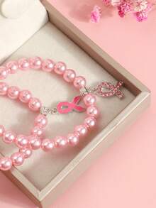 European And American Breast Cancer Awareness Pink Beaded Bracelet For Women, Pink Ribbon Pendant Hand Accessory - Multicolor - View 3