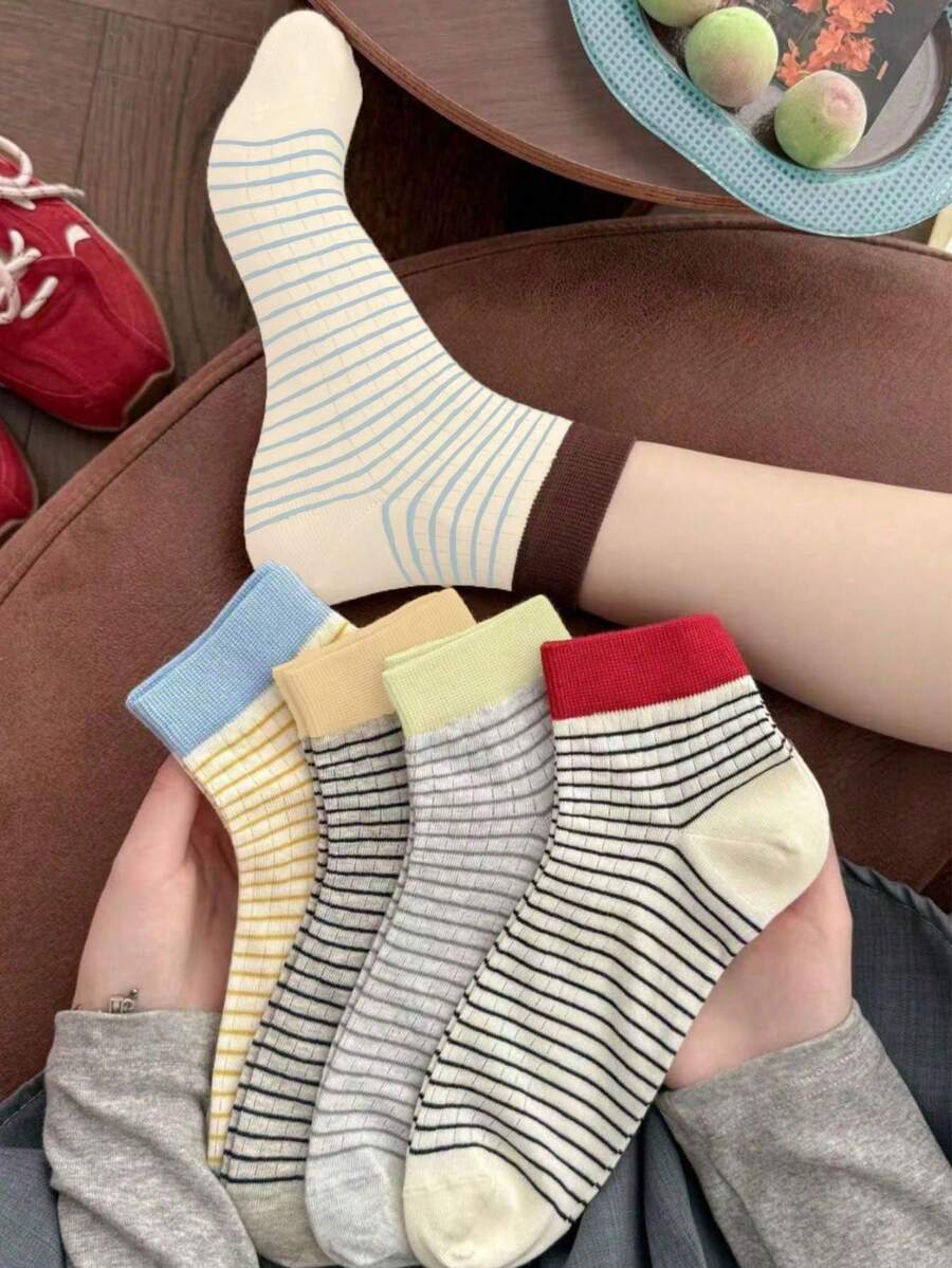 5雙女款甜美櫻桃印花對比色網眼短襪，鏤空透氣多入裝時尚低筒襪，百搭校園日常運動鞋搭配款 - 彩色 - 查看 1