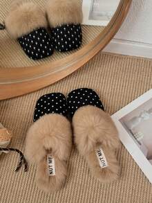 Women's Polka Dot Plush Square Toe Closed Toe Fuzzy Mule Slippers, Retro Round Dot Outdoor Wear Fuzzy Slippers, Autumn/Winter Home - Black - View 4
