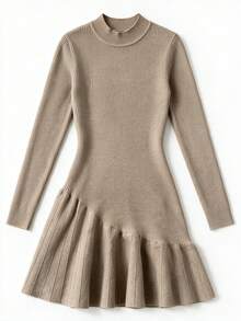 SEREN Women's New Semi-High Neck Fitted Long Sleeve Knit Dress, Ruffle Patchwork Design Short Dress, Autumn Fashion Outfit - Camel - View 6