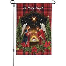1件 Oh Holy Night 聖誕馬槽花園旗，紅黑水牛格紋天使星星一品紅雙面印花宗教聖誕庭院裝飾，不含旗桿 - 紅黑水牛格紋 - 查看 7
