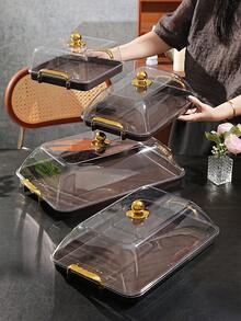 Walnut Wood Grain Tray With Cake Cover, Thickened PET Rectangular Tray With Handle And Cake Dome, Plastic Storage Tray, Suitable For Tea Cups, Water Cups, Snacks, Dried Fruits, Fruits Storage Tray, Serving Tray - Wood Grain - View 2