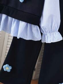 Young Girls Autumn/Winter 3D Floral Blue Striped Patchwork 2 In 1 Top + Knitted Flare Pants Casual Set - Blue - View 6