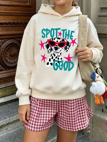 Tween Girls Cute Dalmatian Print Hooded Sweatshirt, Fun Slogan Graphic Long Sleeve Daily Hoodie