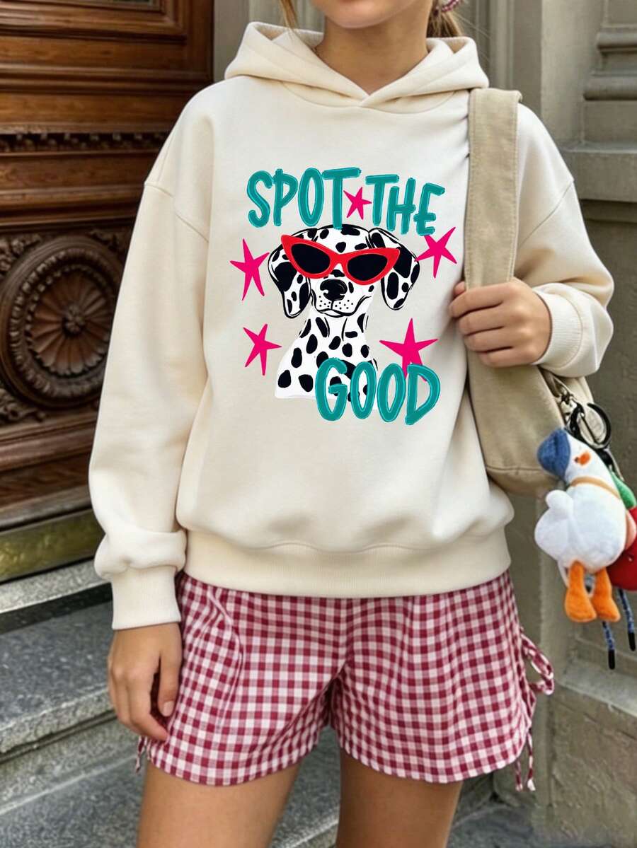 Tween Girls Cute Dalmatian Print Hooded Sweatshirt, Fun Slogan Graphic Long Sleeve Daily Hoodie - Apricot - View 1