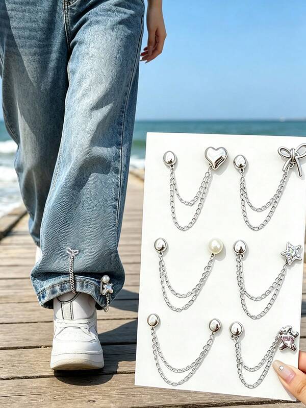 Cute Multi-Functional Clothing Clips, Suitable For Hemming. Metal Star, Heart, Bow Clips For Sewing Shirts And Pants Hems. Long Jeans Leg And Cuff Decorative Buckle Chain Clips, Fashion Accessories, Home Essentials, Graduation Souvenirs, Back To School Season, Wedding Season, Christmas, Easter