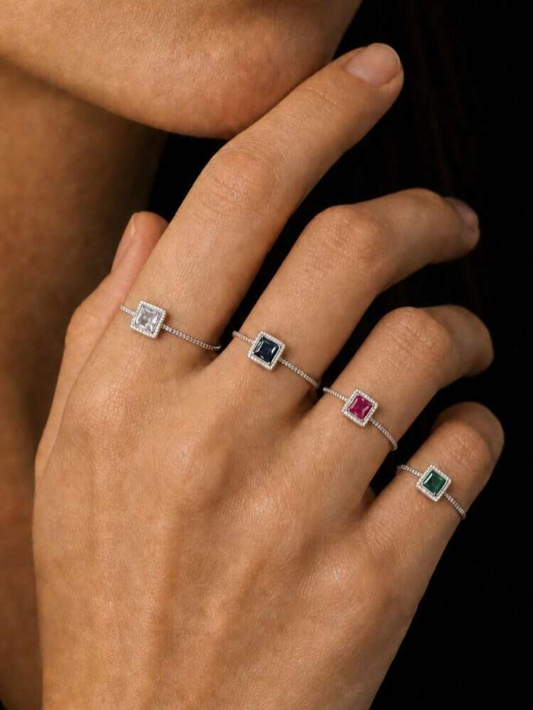 925 Sterling Silver Vintage Beaded Princess Cut Cubic Zirconia Soft Chain Ring | Adjustable Thin Chain Ring | Luxury Colorful Faux Gemstone Finger Ring, Daily Layering Jewelry - Green - View 5