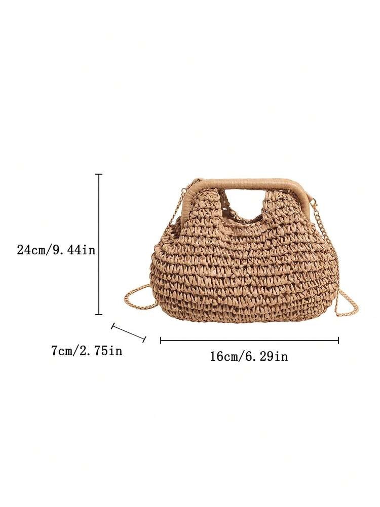 Dedoo Women's Woven Shoulder Bag, Solid Color Handbag With Chain Strap, Bohemian Style, Lightweight Summer Vacation Beach Bag (Includes Gift Bag) - Khaki - View 10