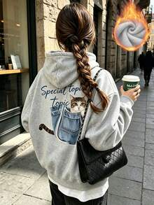 Women's New Autumn/Winter Minimalist Pullover Sweatshirt, Decorated With Cute Cat Pattern Print In Pockets, Casual Fashion Versatile Fall - Grey - View 4