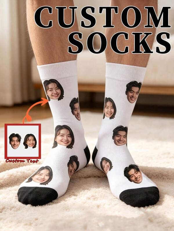 1 Pair Unisex Customized Face Print Mid-Calf Socks, White With Black Toe, Soft Knitted Fabric, Personalized Heart Pattern, Casual Mid-Calf Socks, Holiday Gift