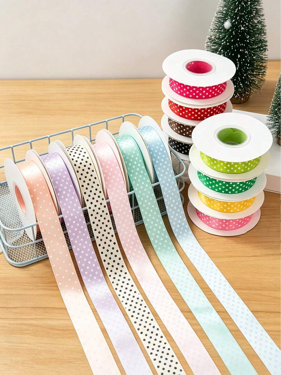 Polka Dot Satin Ribbon, Multi-Color Satin Ribbon, Suitable For Gift Wrapping, Bow Making, Hair Bows, DIY Crafts, Party Decoration - Multicolor - View 1