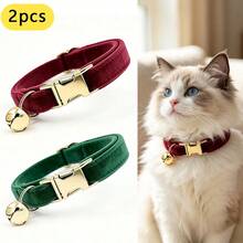 2pcs Burgundy + Dark Green Soft Velvet Cat Collar With Gold Bell Metal Buckle, Adjustable Size Comfortable Wear, Universal For Cats And Small Dogs Pet Neck Collar Accessory, Christmas, Oktoberfest - Burgundy & Dark Green - View 1