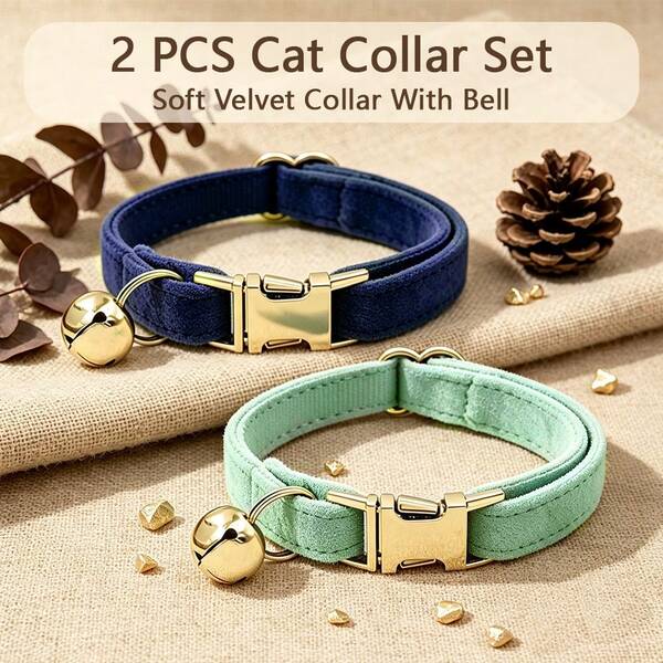 2pcs Mint Green + Navy Blue Soft Velvet Pet Collar, With Gold Bell Metal Buckle, Adjustable Size Comfortable Wear, Suitable For Cats And Small Dogs Pet Neck Collar Accessories St. Patrick's Day New Year