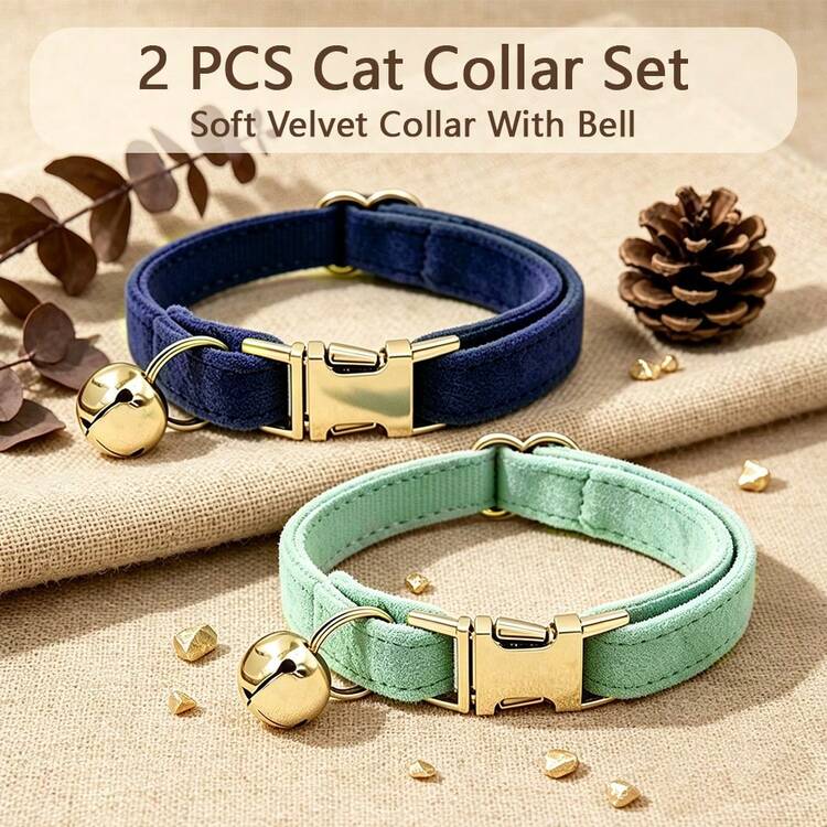 2pcs Mint Green + Navy Blue Soft Velvet Cat Collar, With Gold Bell Metal Buckle, Adjustable Size Comfortable Wear, Universal For Cats And Small Dogs Pet Neck Collar Accessories, St. Patrick's Day, New Year - Mint Green & Navy Blue - View 1