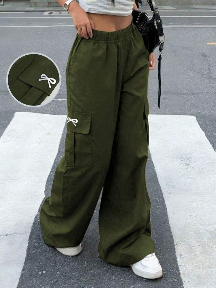 1pc Tween Girls Casual Butterfly Print Comfortable Utility Pants With Large Pockets, Minimalist & Versatile - Army Green - View 6